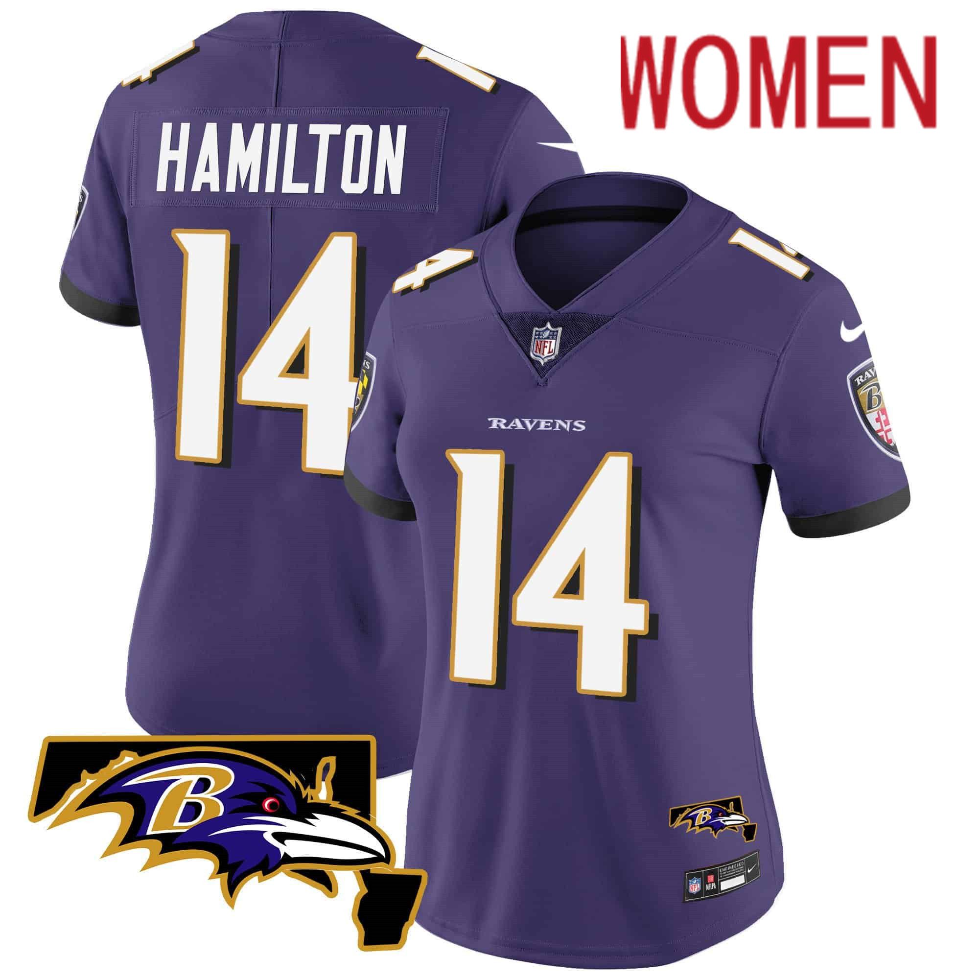 Women Baltimore Ravens #14 Hamilton Purple 2024 Nike Maryland Patch Vapor Limited NFL Jersey style 1